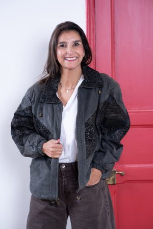 Chaqueta Cuero Tipo Bomber Gris Oscura