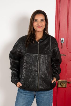 Caqueta Cuero Bomber Negra