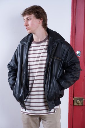 Chaqueta Cuero Tipo Bomber Negra